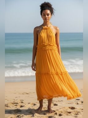 Zimmermann Marigold Yellow 100% Silk Tent Midi Summer Dress Halter Ruffle Large